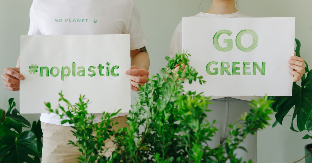 Two people holding eco-friendly signs promoting sustainability and going green.